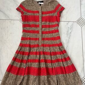 BCBGMaxAzria Red and Tan Lace Dress